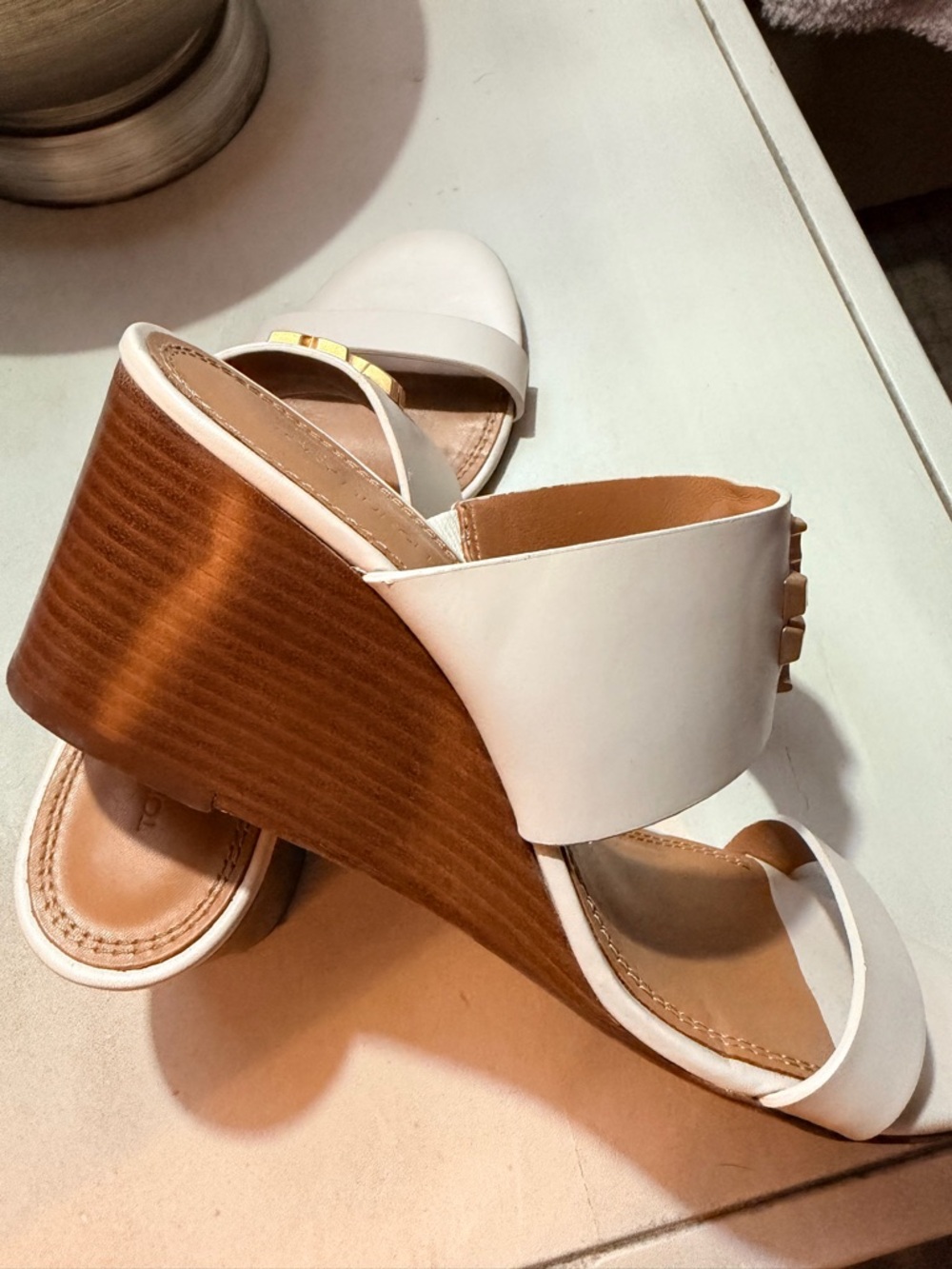 Tory Burch Cream Leather Logo Double-Strap Mules - Picture 2 of 3